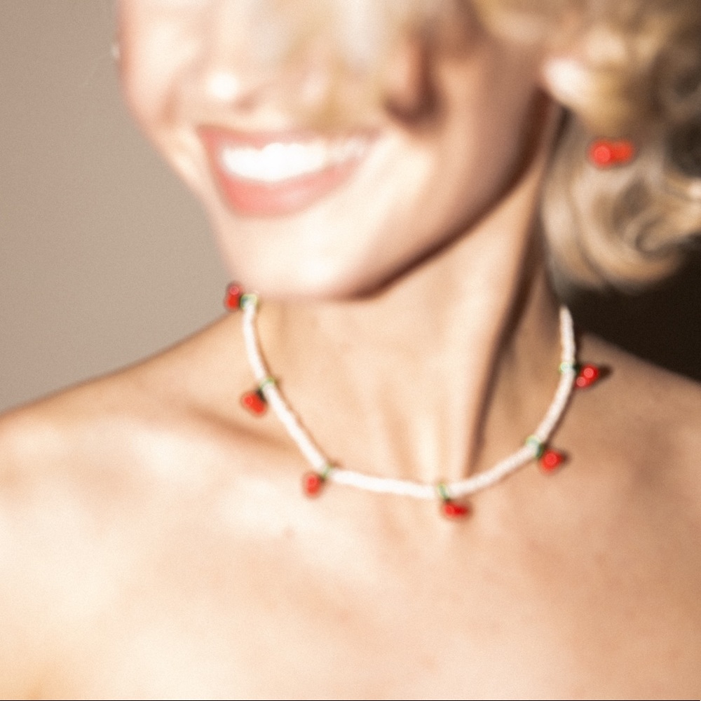 Colorful Glass Cherry Charm Gold Hoop Earrings - Picture 7 of 7